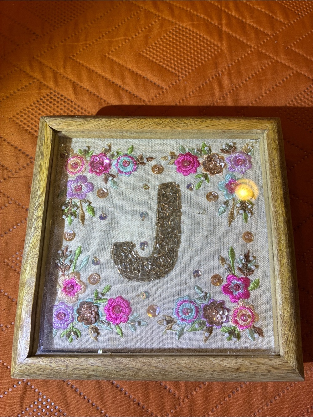 Beaded 'J' Monogram Jewelry Box with Floral Embroidery - Pink & Gold